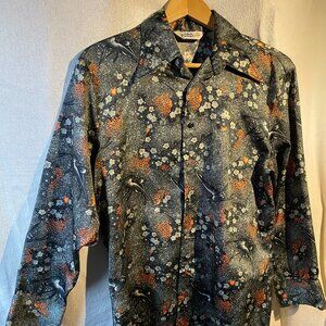 Vintage John Pomer  Floral Print & Swallow Birds, Men's LS Button up Shirt, Sz L